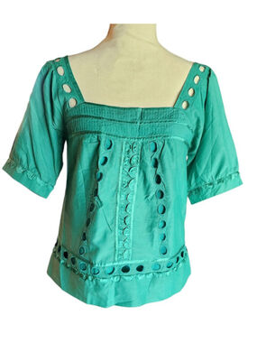 Arden B. Teal Eyelet Square Neck Short Sleeve Blouse Top Size M Cotton Silk
